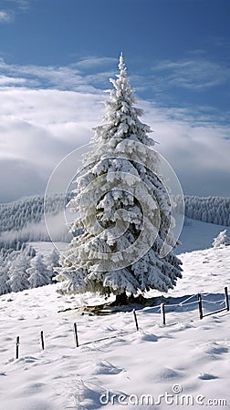 Fir tree stands proudly in the peaceful winter snowscape Stock Photo