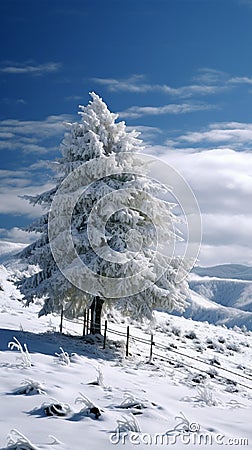 Fir tree stands proudly in the peaceful winter snowscape Stock Photo