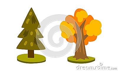 Fir Tree and Yellow Deciduous Tree, Fantasy Magic Board Game User Interface Design Set Cartoon Vector Illustration Vector Illustration