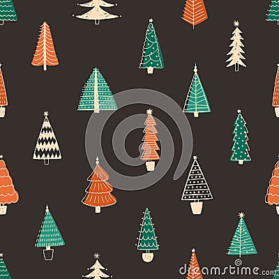 Fir trees vector seamless pattern. Hand drawn spruces on black background. Stylish winter season wallpaper design Vector Illustration