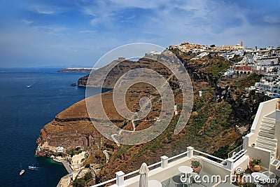 Fira panoramic view, Santorini island with donkey path and cable car from old port Stock Photo