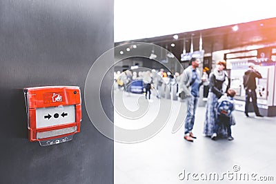 Fire alarm for emergency on the wall in train station, subway or underground at London train station, England. Public fire alarm Stock Photo