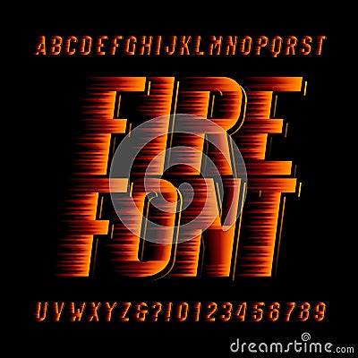 Fire alphabet font. Speed effect type letters and numbers on black background. Vector Illustration