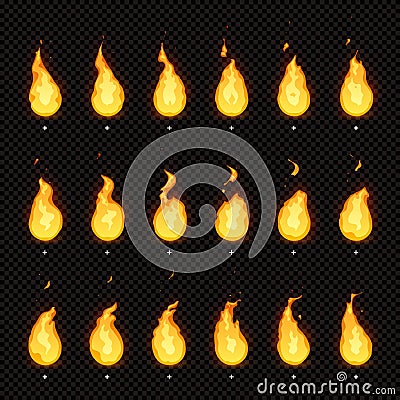 Fire animation. Flaming flame, fiery blaze and animated blazing fire flames isolated vector animations frames Vector Illustration