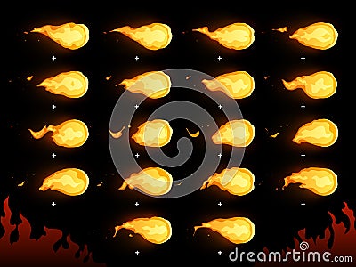 Fire ball. Animated flaming fireball, hot flying flame and warm fireballs 2d animation frames isolated vector cartoon Vector Illustration