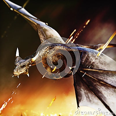 Fire breathing dragon rushing in for another attack. Stock Photo