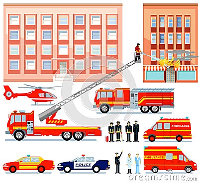 Fire brigade and ambulance rescue service Vector Illustration