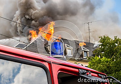 Fire brigade deployment House fire Stock Photo