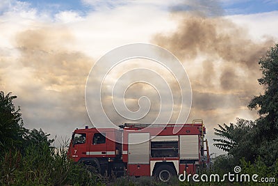 A fire brigade on a fire engine extinguishes a forest fire. Inscriptions on the car in Russian - fire truck and Odessa. 2019. 06. Editorial Stock Photo