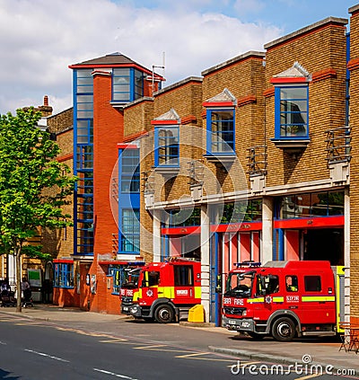 Fire brigade station with fire engines, Islington, London UK Editorial Stock Photo