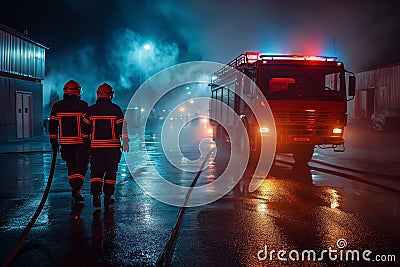 A fire brigade with a truck on extinguishing a fire on the evening street of the city Stock Photo