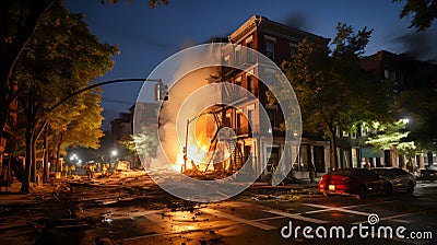 Fire in Brooklyn at night. Brooklyn is the most densely populated of the five boroughs of Brooklyn. Stock Photo