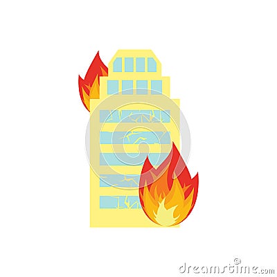 Fire in building. Flames from office windows. Arson home. Burn f Vector Illustration