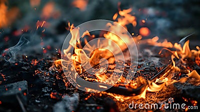 Fire is burning cell phone. The flames are intense and dramatic, creating a striking atmosphere. Stock Photo