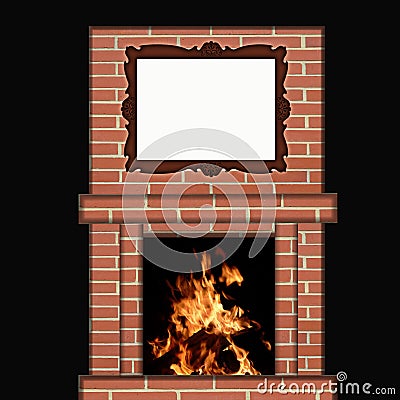 Fire Burning in Fireplace with Picture Frame Stock Photo