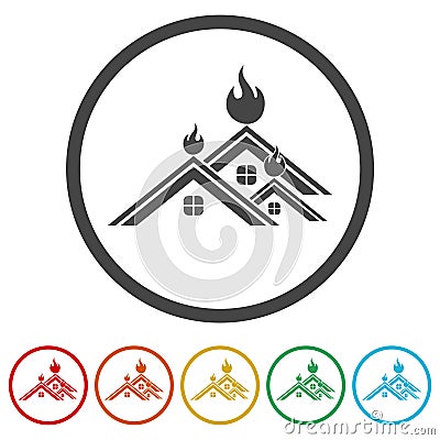 Fire in burning house ring icon, color set Vector Illustration