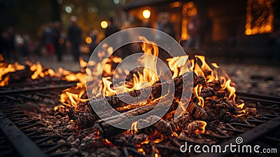 A fire burning in a pit on street Stock Photo