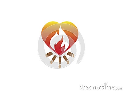 Fire burning wood campfire inside a heart for logo design Vector Illustration