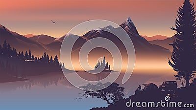 A fire camp near the lake with beautiful mountains in the morning Vector Illustration