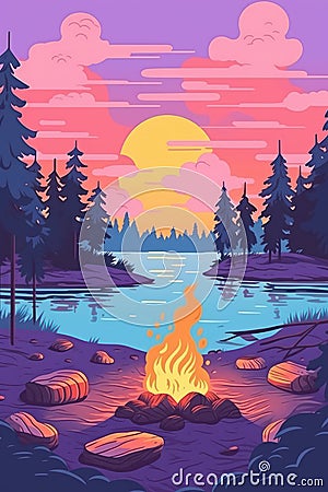 Fire camp near the lake at sunset. Beautiful illustration picture. Generative AI Cartoon Illustration
