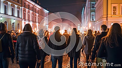 The Fire of Change, People with Torches Protesting on the Streets, Generative AI Stock Photo