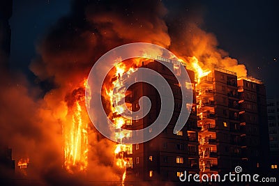Fire in the city at night. Firefighters extinguish a fire, Night fire. Apartment is burning, AI Generated Stock Photo