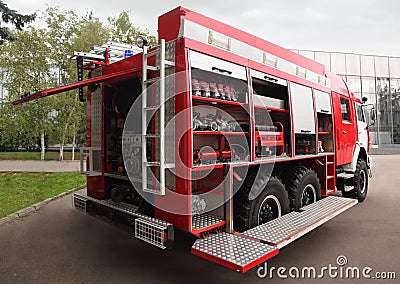 Fire and hoses equipped inside fire engine Stock Photo