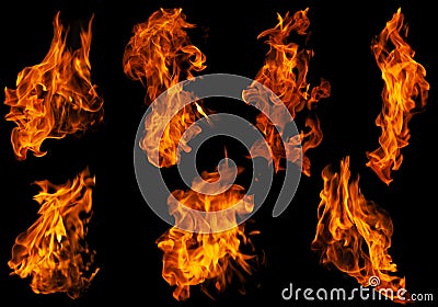 Fire collection set of flame burning isolated on dark background for graphic design purpose Stock Photo