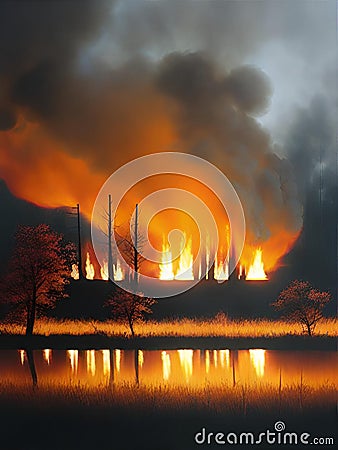 Fire Consuming distant trees in at night ai image Stock Photo