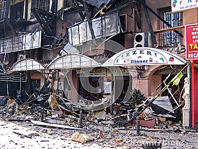 Fire damaged shops, Calahonda, Spain. Editorial Stock Photo