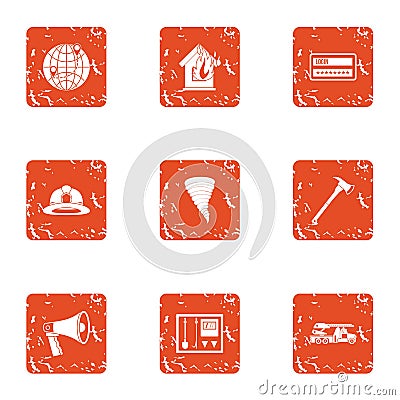 Fire danger icons set, grunge style Vector Illustration