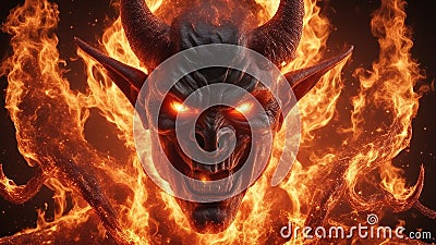 fire in the dark, evil face horned demon burning Stock Photo