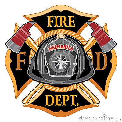 Fire Department Cross Vintage with Black Helmet and Axes Vector Illustration