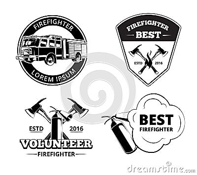 Fire department, firefighter emblems, labels and badges vector set Vector Illustration