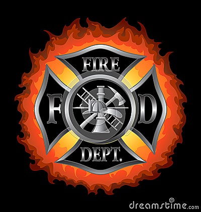Fire Department Maltese Cross With Flames Vector Illustration