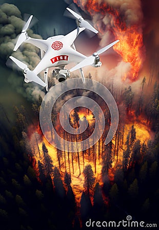 Fire Department Unmanned Aircraft System, UAS Drone Above a Forest Fire - Generative AI Stock Photo