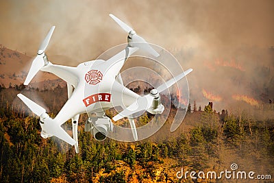 Fire Department Unmanned Aircraft System, UAS Drone Isolated Above a Forest Fire Stock Photo