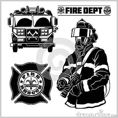 Fire department vector set - fireman s and emblems - badges, elements. Vector Illustration