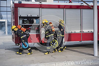 Fire drills organized by local government, fire trucks entering the market Editorial Stock Photo