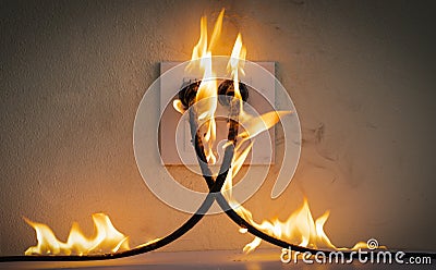 On fire electric wire plug Receptacle wall partition Stock Photo