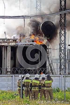 Fire on electrical substation Stock Photo