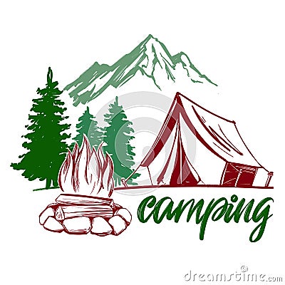 Fire emblem, rest in the forest, camping hand drawn vector illustration realistic sketch Vector Illustration