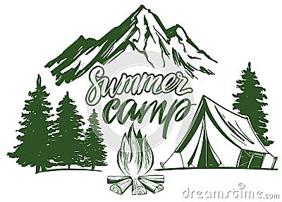 Fire emblem, rest in the forest, camping hand drawn vector illustration realistic sketch Vector Illustration