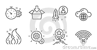 Fire energy, 5g wifi and Loyalty points icons set. Get box, Cogwheel and Cloud computing signs. Vector Vector Illustration