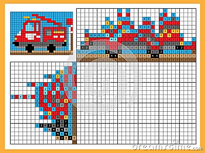 Fire engine. Colorful japanese crossword with answer. Color by numbers. Coloring book for kids. Nonogram. Puzzle Game for school Vector Illustration