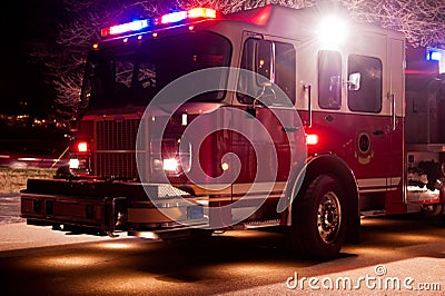 Fire Engine at Night-time Emergency Stock Photo