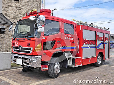 A fire engine parking in front of Yoichi Fire Department in Hokkaido, Japan Editorial Stock Photo