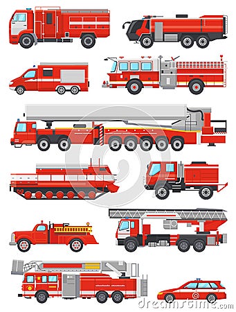 Fire engine vector firefighting emergency vehicle or red firetruck with firehose and ladder illustration set of Vector Illustration