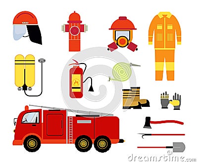 Fire equipment elements with hydrants, axe , mask, extinguisher, nozzle, truck, boat and gloves Vector Illustration