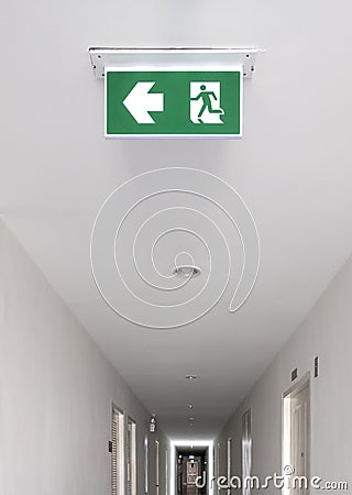 Fire exit sign. Emergency fire exit door exit door on ceiling Stock Photo